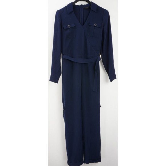 New 315$ Ted Baker Flan Belted Jumpsuit Size 4 Women's Blue Crepe Long Sleeve - Picture 4 of 12